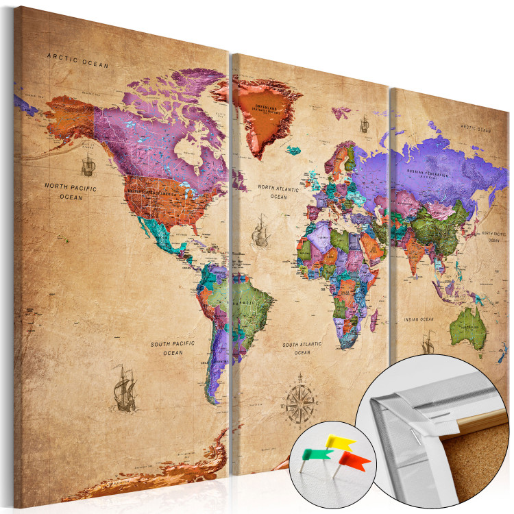 Ozdobna tablica korkowa Kolorowe podróże (3-częściowy) [Mapa korkowa] 107209