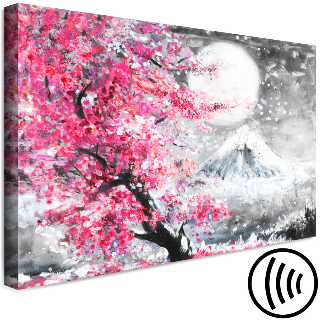 Canvastavla Blossoming Cherry - Japanese Motif Against The Background Of A Landscape With A Mountain And The Moon