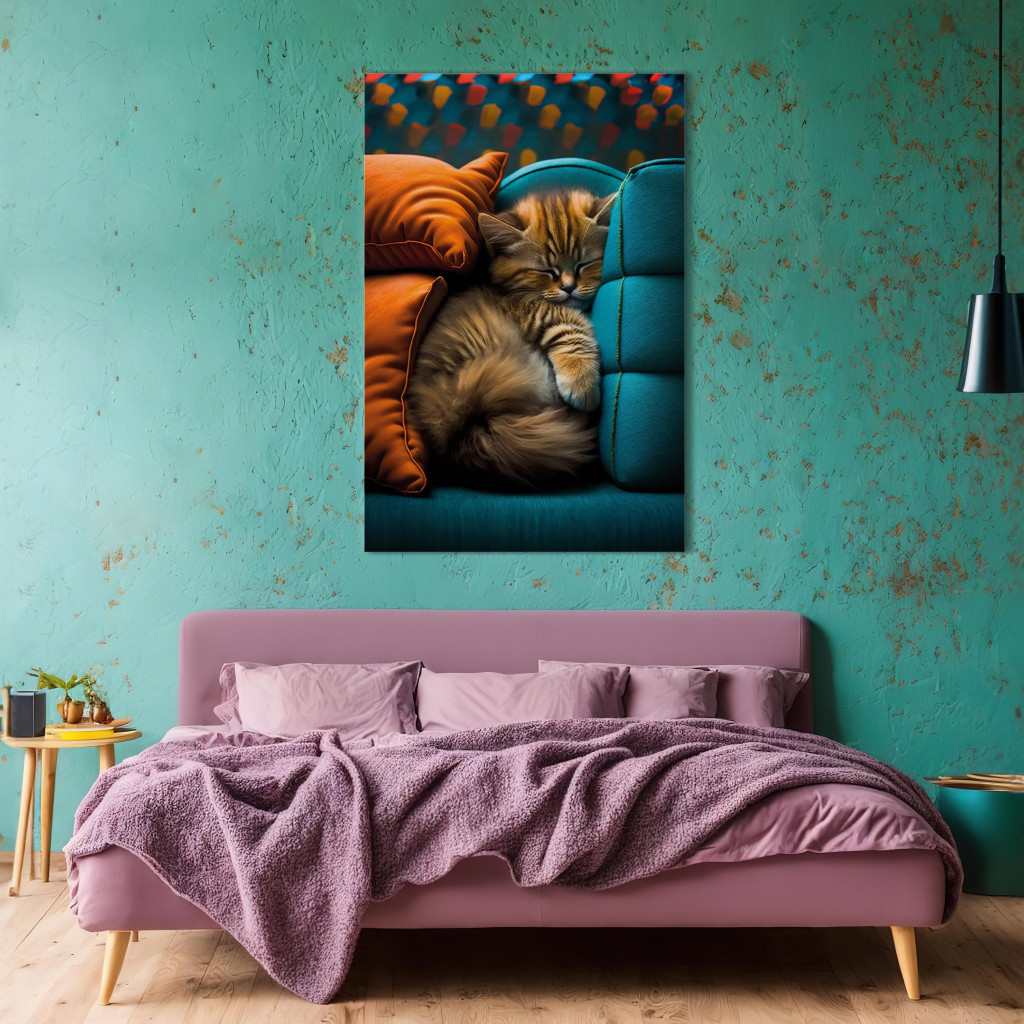 Pintura Em Tela AI Cat - Cute Animal Sleeping Between Comfortable Pillows - Vertical