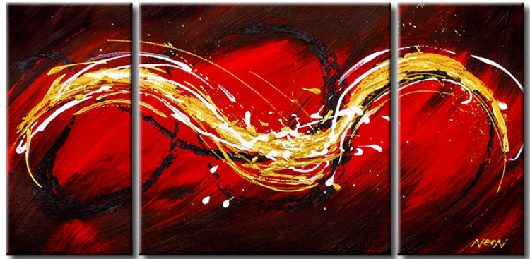Tavla Våg på rött (3-delars) - abstraktion med guldigt mönster på bakgrund 46609