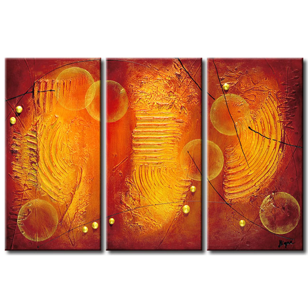 Schilderij  Abstract: Sporen (3-delig) - Oranje Abstractie Met Afdrukfantasieën