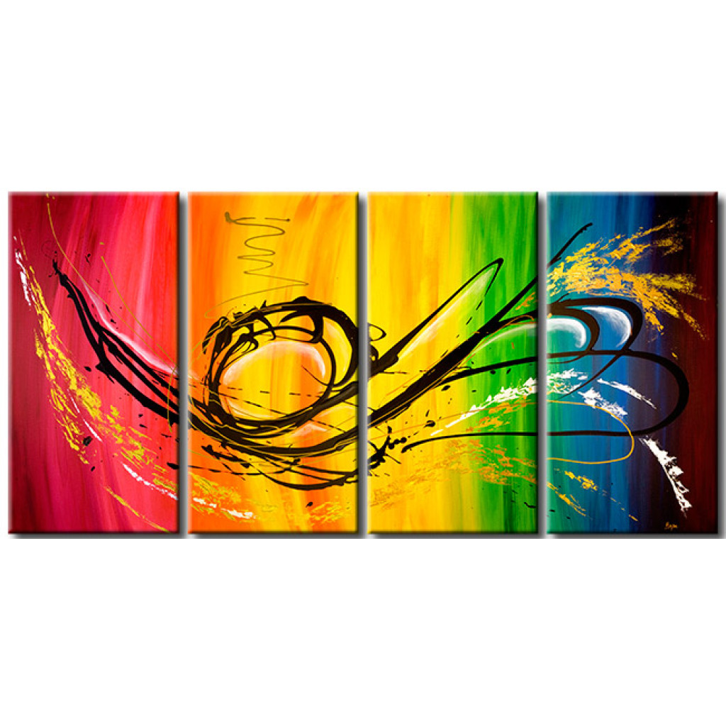Schilderij  Gekleurde: Regenboog (4-delig) - Abstractie Met Zwart Patroon Op Kleurrijke Achtergrond