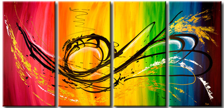 Leinwandbild Regenbogen (4-teilig) - Abstraktion mit schwarzen Mustern bunt 48409