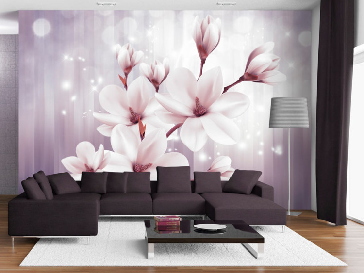 Wall Mural Pink magnolias - flowers on a purple background with stripes and lights