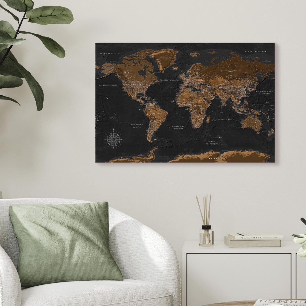 Schilderij  Kaarten Van De Wereld: Brown World Map (PL)
