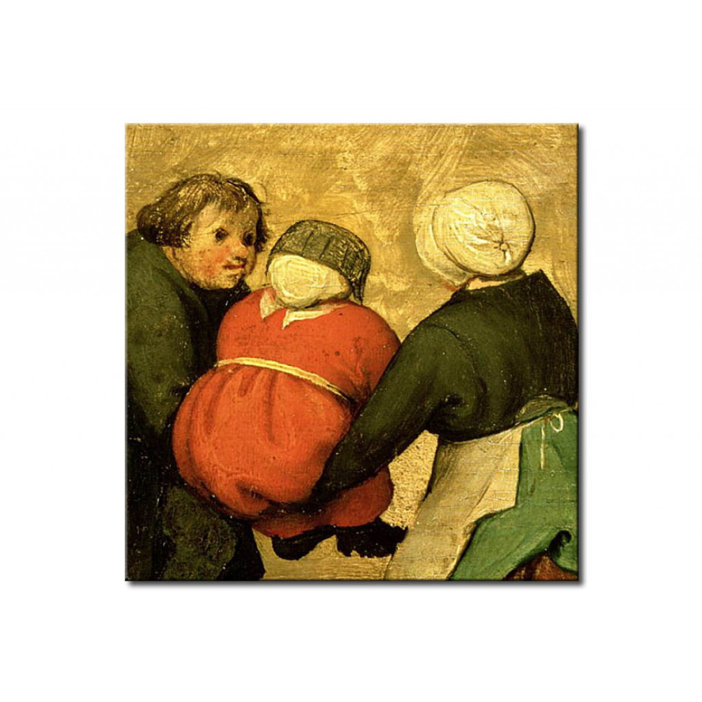 Schilderij  Pieter Bruegel The Elder: Children's Games (Kinderspiele): Detail Of A Child Carried By Two Others