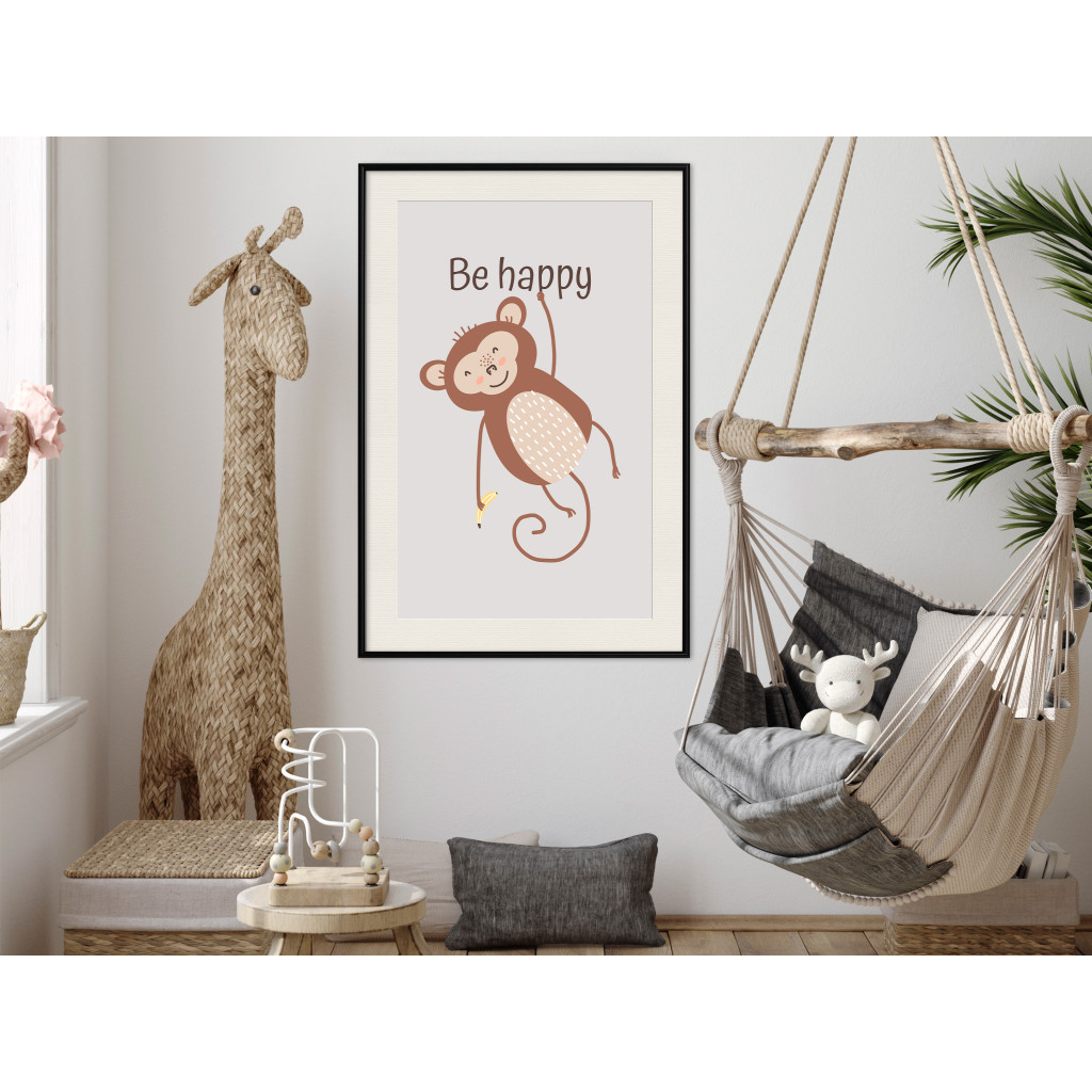 Muur Posters Be Happy - Funny Brown Monkey With Banana And Motivational Text For Kids