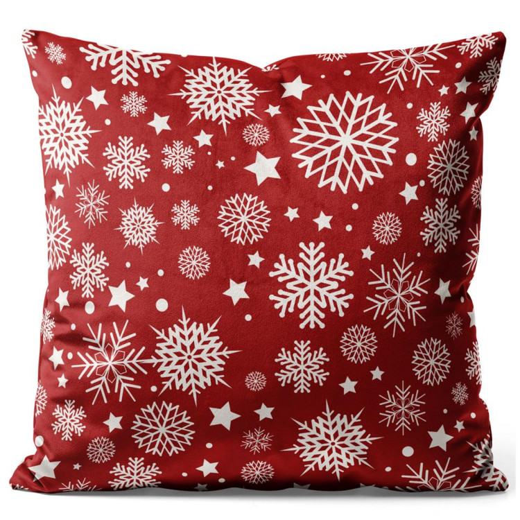 Decorative Velor Pillow Stars and snowflakes - white motifs depicted on a red background 148519