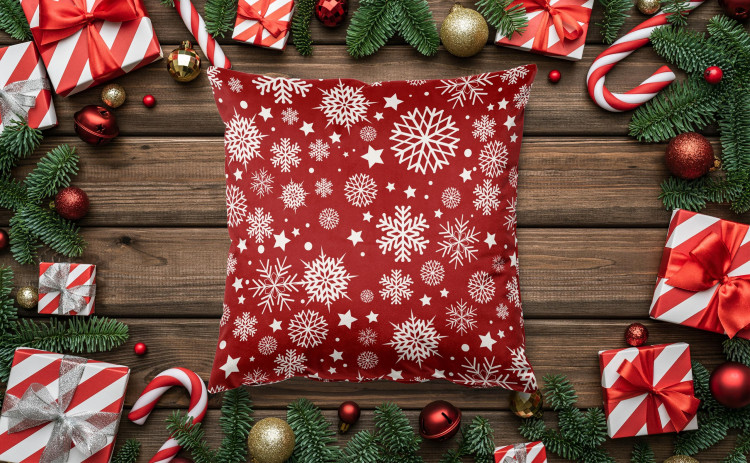 Decorative Velor Pillow Stars and snowflakes - white motifs depicted on a red background 148519 additionalImage 3