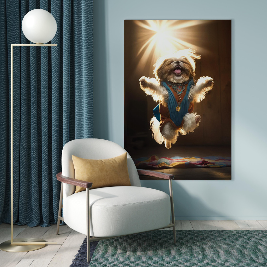 Konst AI Shih Tzu Dog - Jumping Animal Against The Rays Of The Sun - Vertical