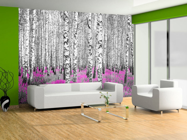 Fototapeta Rubinowy azyl - abstrakcyjny pejzaż lasu z drzew brzozy z akcentem 60519