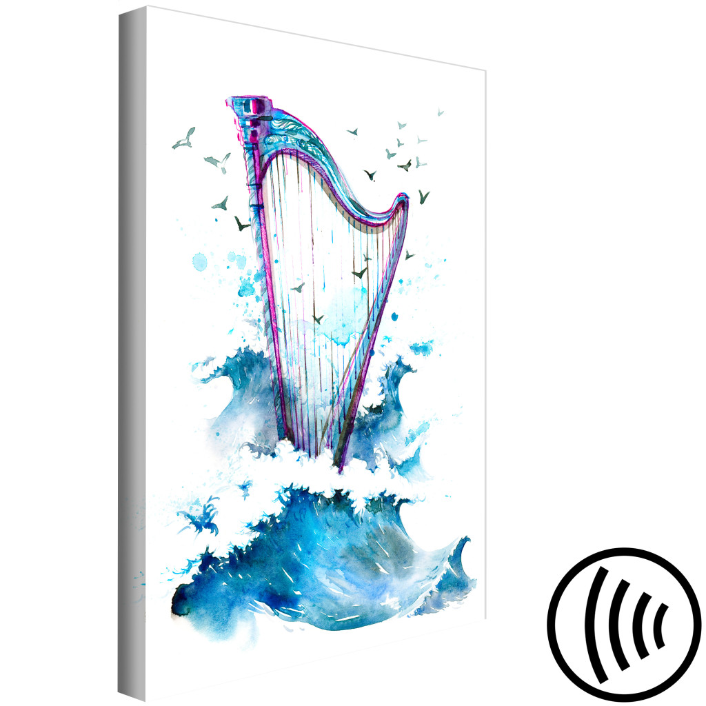 Schilderij  Landschappen: Harp And Waves - Musical Theme With Birds Painted With Watercolor