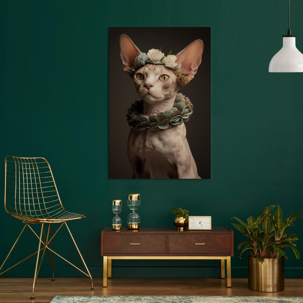 Schilderij  Katten: AI Sphinx Cat - Animal Portrait With Long Ears And Plant Jewelry - Vertical