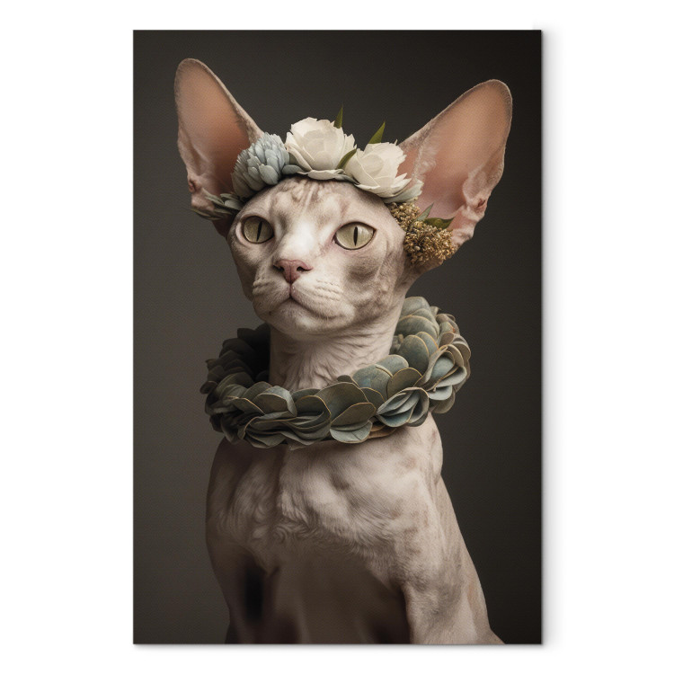 Canvas AI Sphinx Cat - Animal Portrait With Long Ears and Plant Jewelry - Vertical