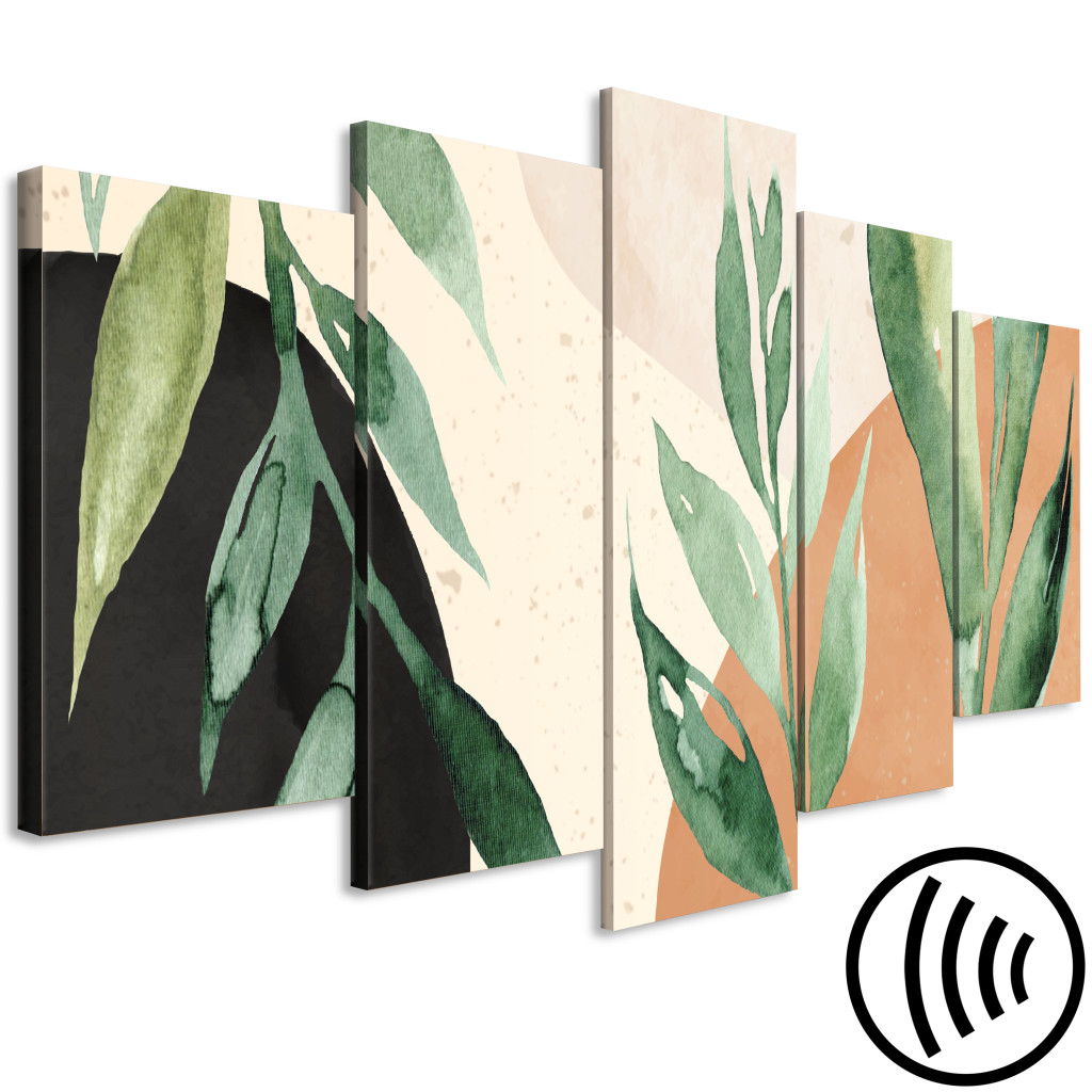 Quadro Pintado Large Leaves - Plants On An Abstract Background In Shades Of Beige And Brown
