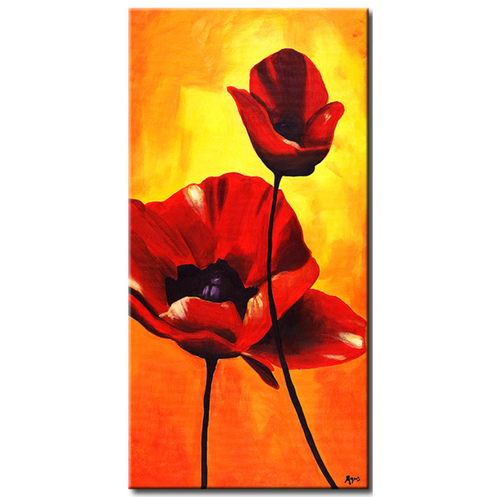 Målning Vallmo (1-del) - Motiv Med Röda Blommor På Orange Bakgrund