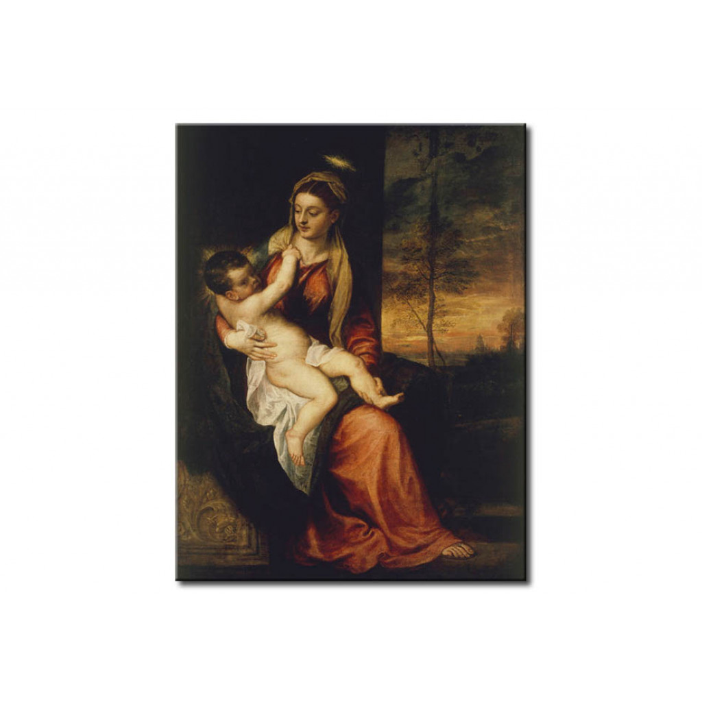 Schilderij  Titiaan: Madonna And Child In An Evening Landscape