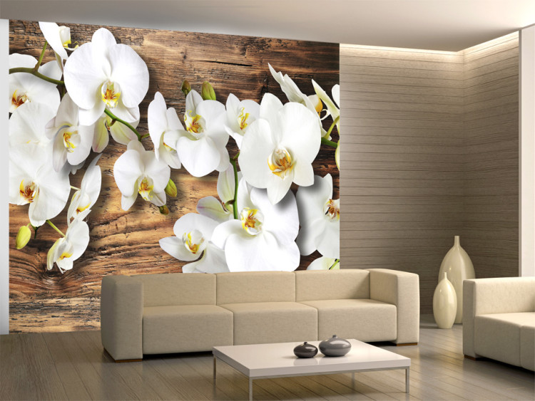 Wall Mural Snow White Orchids - White Floral Motif on a Raw Wood Background 60629