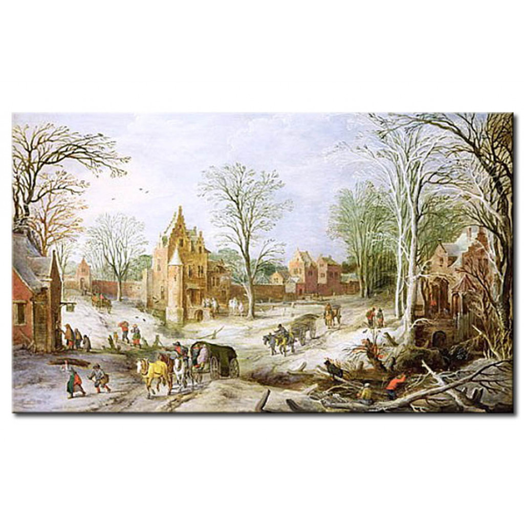 Schilderij  Jan Brueghel De Oudere: A Wooded Winter Landscape With A Cart