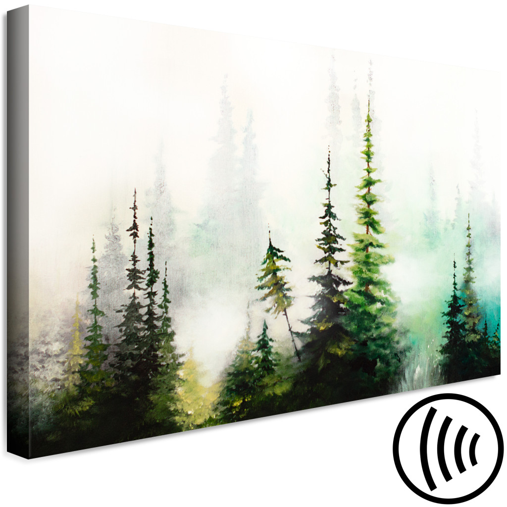 Obraz Malowany Pejzaż - Zielony Las Choinek Spowity Gęstą Poranną Mgłą