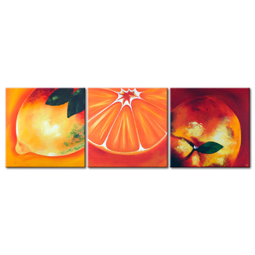 Schilderij  Fruit: Drie Citrusvruchten (3-delig) - Verfrissend Motief In Sinaasappelkleuren