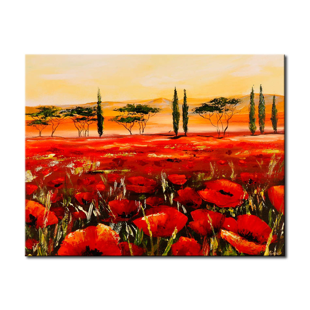 Målning Blomstrande Fält I Toscana (1-del) - Röda Vallmokvistar Och Träd