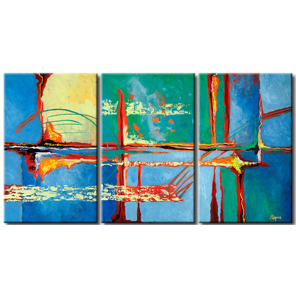 Quadro Pintado Paisagem (3 Partes) - Fantasia Colorida Com Motivo De Mar Azul