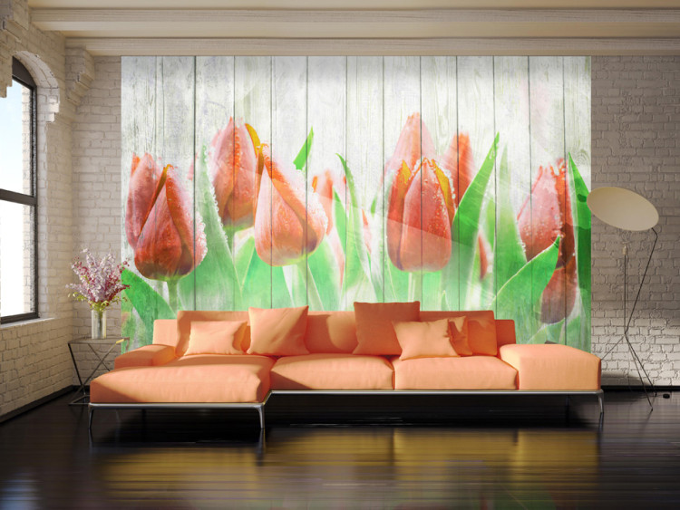 Wall Mural Red Tulips on Wood - Bright Floral Motif on White Wood 60339