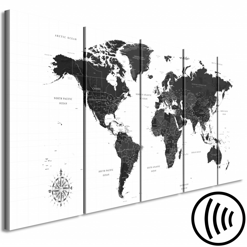 Schilderij  Kaarten Van De Wereld: Black And White Map (5 Parts) Narrow