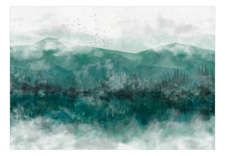 Carta da parati Colline verdi con lago - montagne, bosco, nebbia 143049 additionalImage 1
