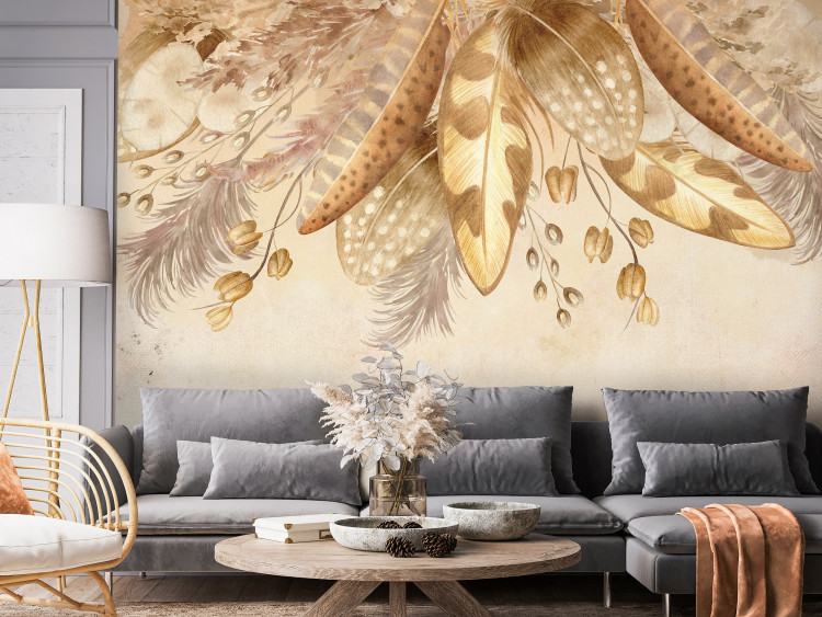 Fotomural decorativo Plumas y hojas en beige - estilo vintage 143849