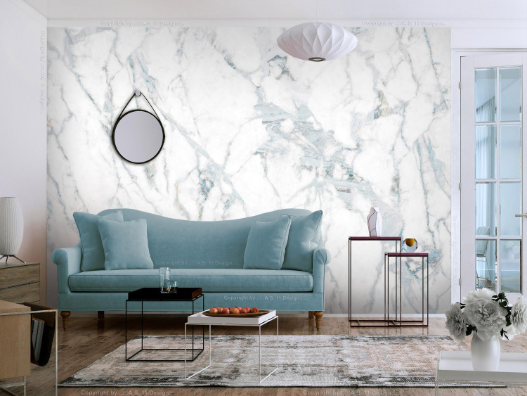 Wall Mural Elegant Rock Wall - White Marble Slab With Blue Accents