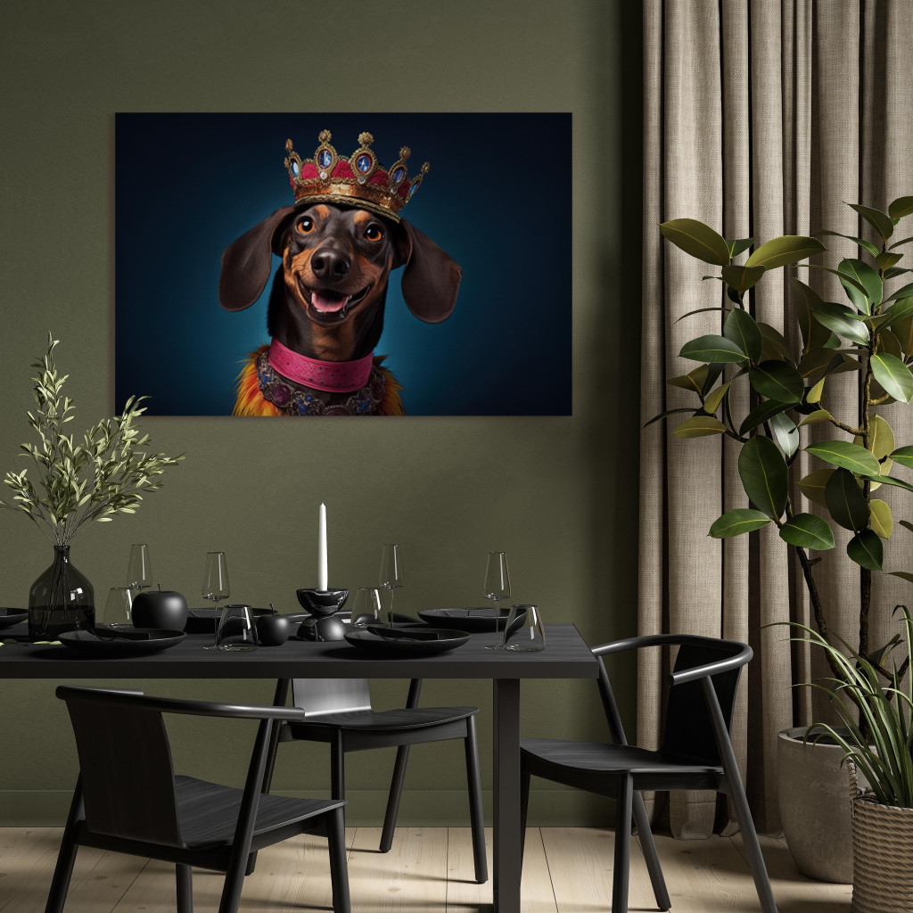 Schilderij  Honden: AI Dog Dachshund - Portrait Of A Smiling Animal Wearing A Crown - Horizontal