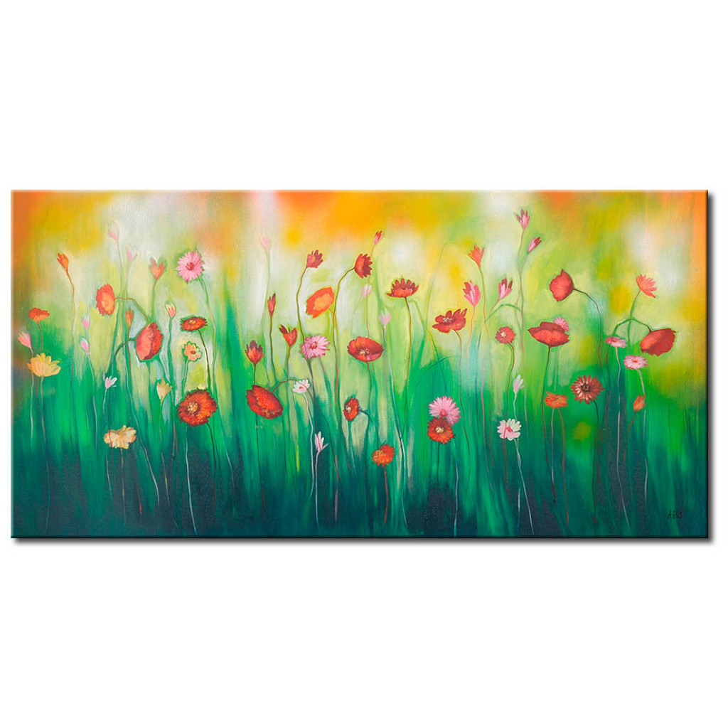 Schilderij  Weide: Ochtendweide (1-delig) - Kleurrijk Landschap Met Bloemen Op Een Lichte Achtergrond