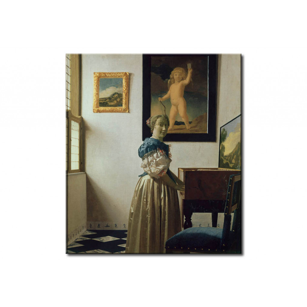Schilderij  Jan Vermeer: Woman Standing At A Virginal