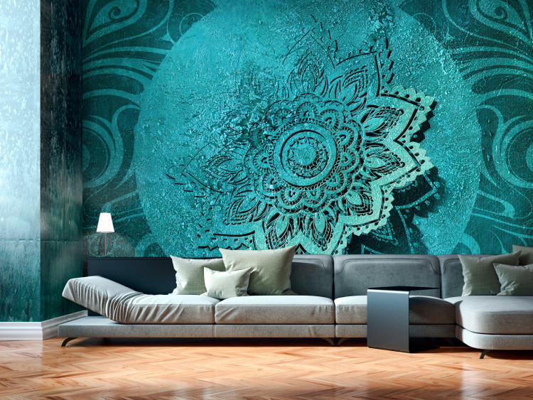 Mural de parede Azul Oriental - motivo floral asiático em tons de azul