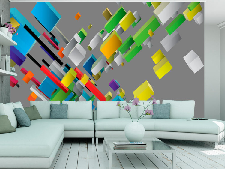 Carta da parati Puzzle 3D - colorata astrazione geometrica in spazio grigio