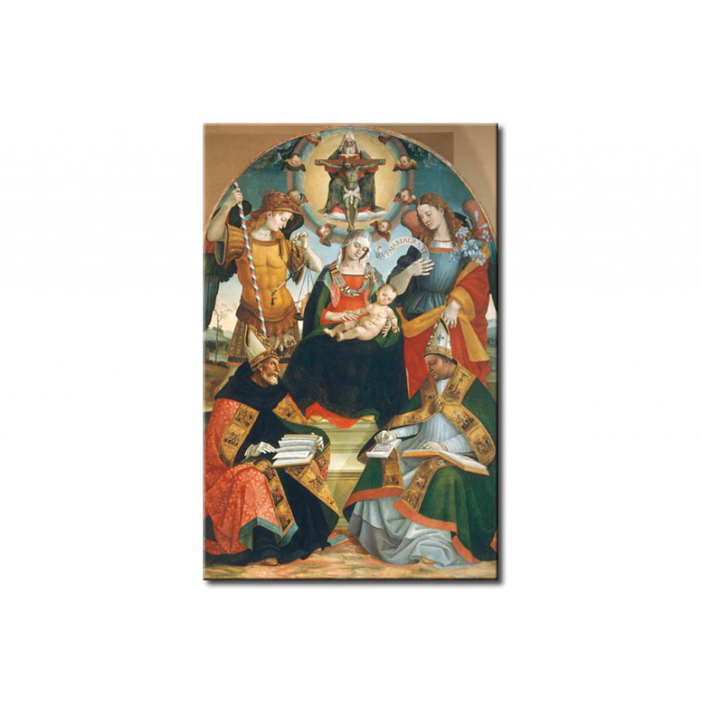 Schilderij  Luca Signorelli: Mary With Child And The Trinity, Archangels Michael And Gabriel And Saints Augustine And Athanasius