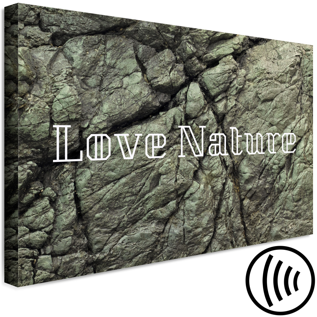Schilderij  Met Inscripties: Love Nature - Een Inscriptie In Het Engels Op Een Stenen Achtergrond
