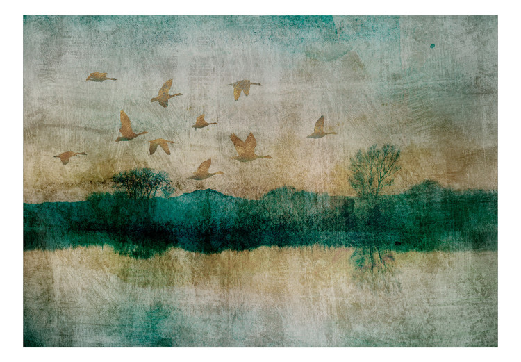 Carta da parati moderna Anatre in volo - Paesaggio con un lago, alberi e uccelli 142259 additionalImage 1