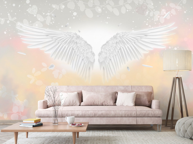 Carta da parati Angel Wings and Feathers - Heavenly Theme in Pink and Yellow Clouds