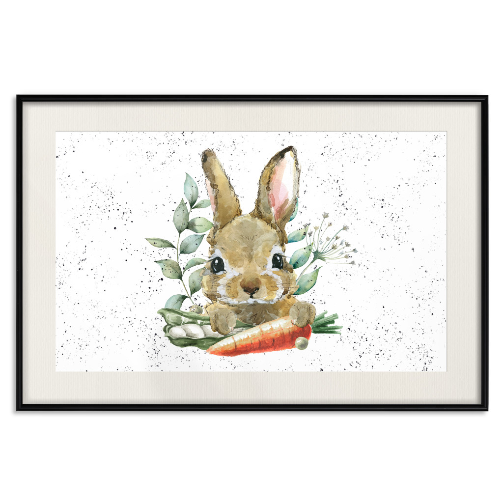Posters: Hare With Carrot - A Painted Rabbit With Vegetables On A Speckled Background