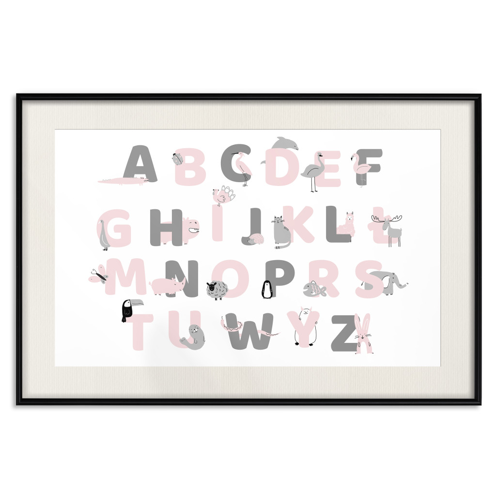 Muur Posters Polish Alphabet For Children - Gray And Pink Letters With Animals