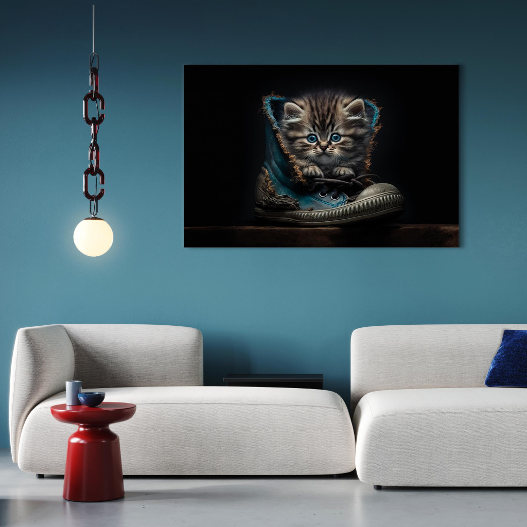 Konst AI Maine Coon Cat - Tiny Blue-Eyed Animal In A Shoe - Horizontal