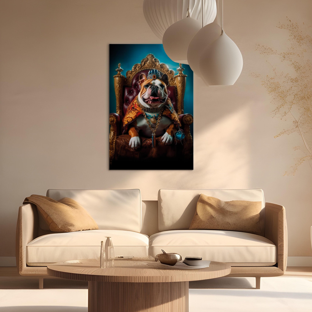 Konst AI Dog English Bulldog - Animal In The Role Of King On The Throne - Vertical