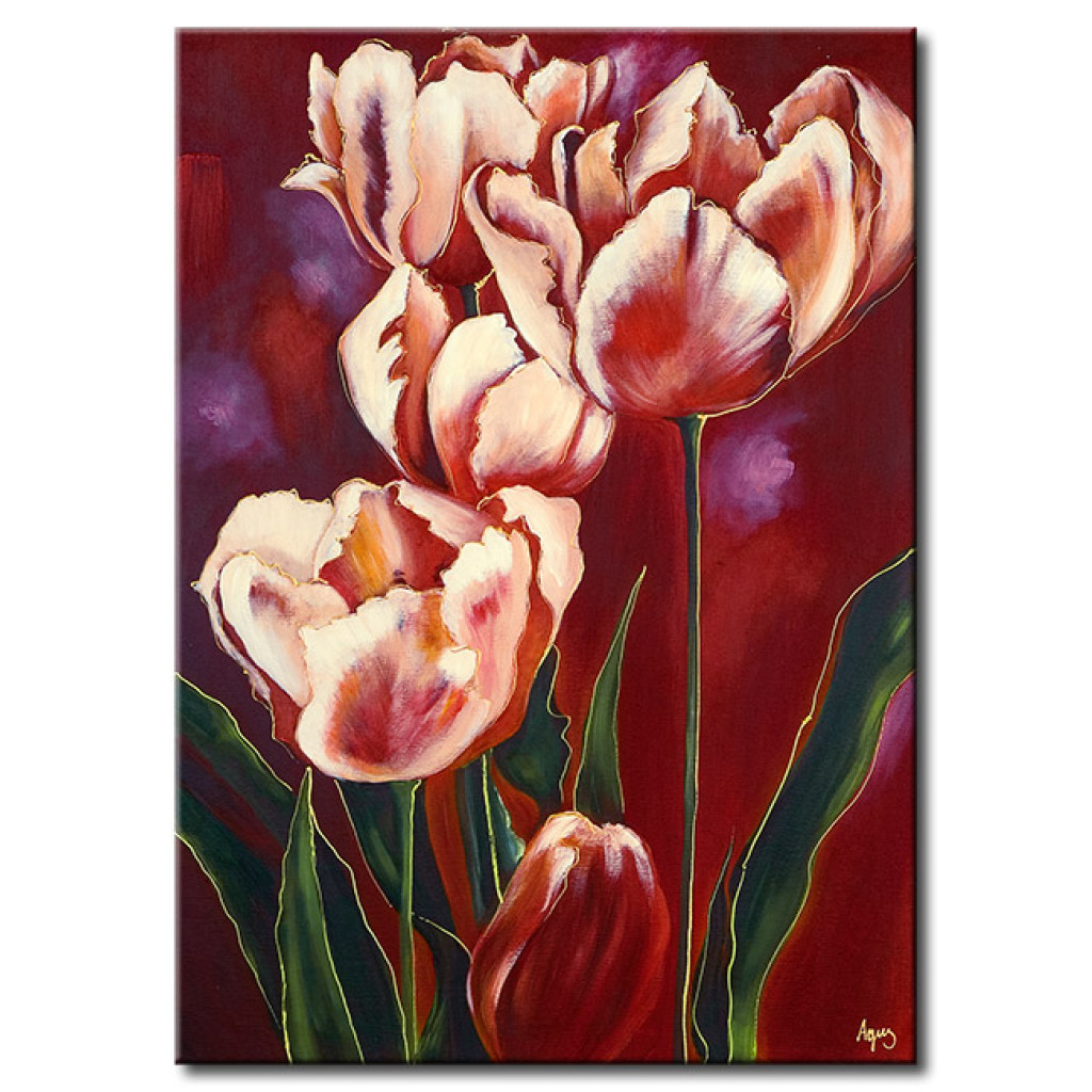 Målning Romantiska Tulpaner (1-del) - Rosa Blommor På Röd Bakgrund