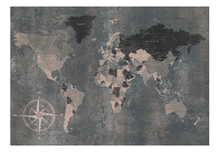 Wall Mural Grey world - map of the continents on a non-uniform background with a compass in the corner 91659 additionalImage 1