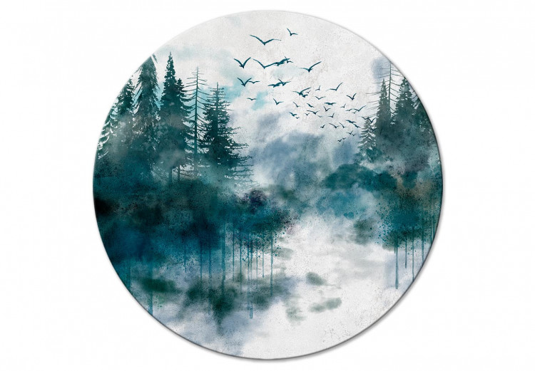 Tableau rond Watercolor View - Coniferous Forest Misty Landscape With Birds 148669