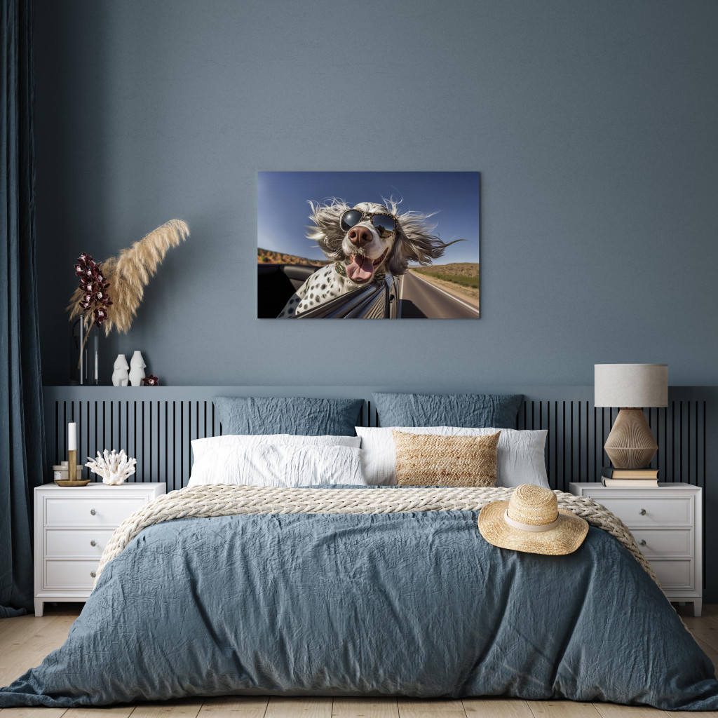 Obraz AI Pies Seter Angielski - Zwierzak W Okularach Jadący W Samochodzie - Poziomy