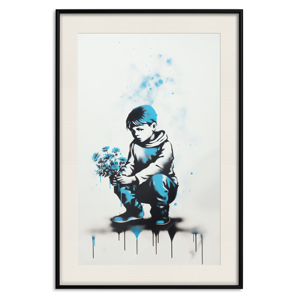 Cartaz Blue Graffiti - A Boy With A Bouquet Inspired By Banksy’s Style